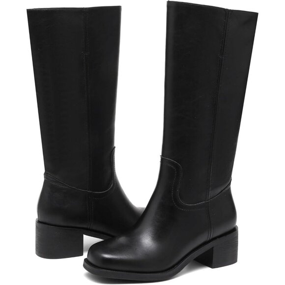 Women's Black Knee High Boots Square Toe Chunky Block Heel Long Boots - Picture 4 of 6